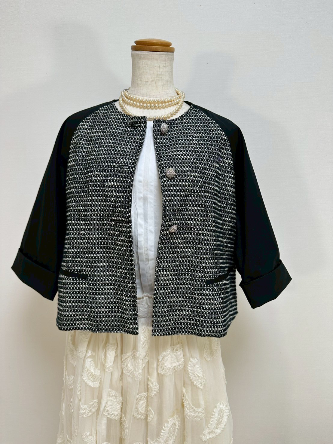 ファンシーツィードジャケット七分袖　ブラック【受注制作】