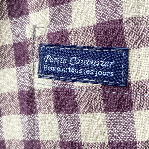 パープル・チェック　綿麻ワッシャー　横ボタンのふんわりスッキリフレアーエプロンドレス　ML　着丈98 8枚目の画像