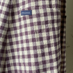 パープル・チェック　綿麻ワッシャー　横ボタンのふんわりスッキリフレアーエプロンドレス　ML　着丈98 9枚目の画像