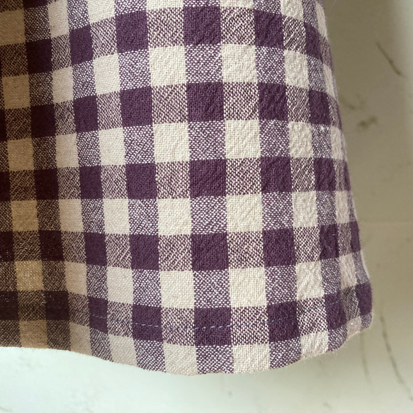 パープル・チェック　綿麻ワッシャー　横ボタンのふんわりスッキリフレアーエプロンドレス　ML　着丈98 11枚目の画像