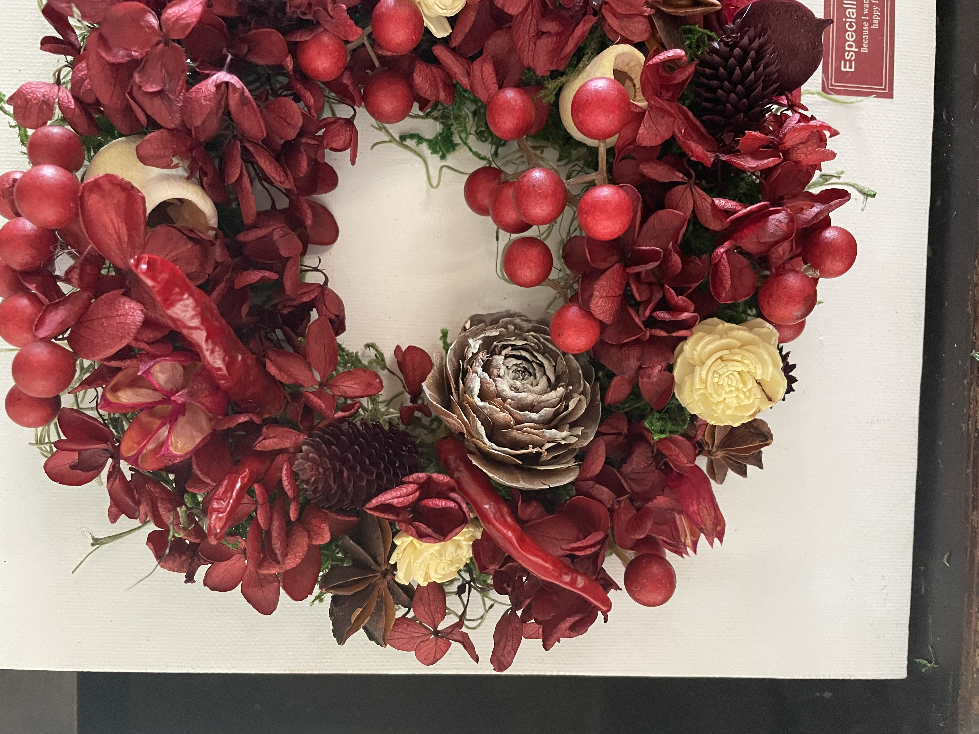 クリスマス2025 キャンバスボード　リース　プリザーブドフラワー　赤