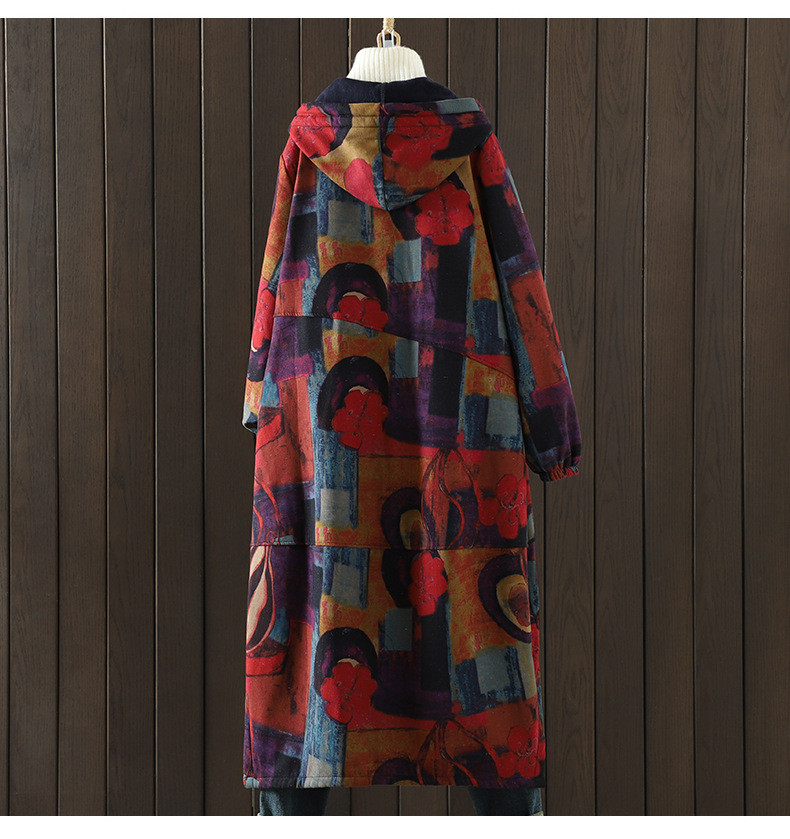 秋冬レディースルーズプリントフード付き綿入りコート【返品・交換可】品質最優先25-431