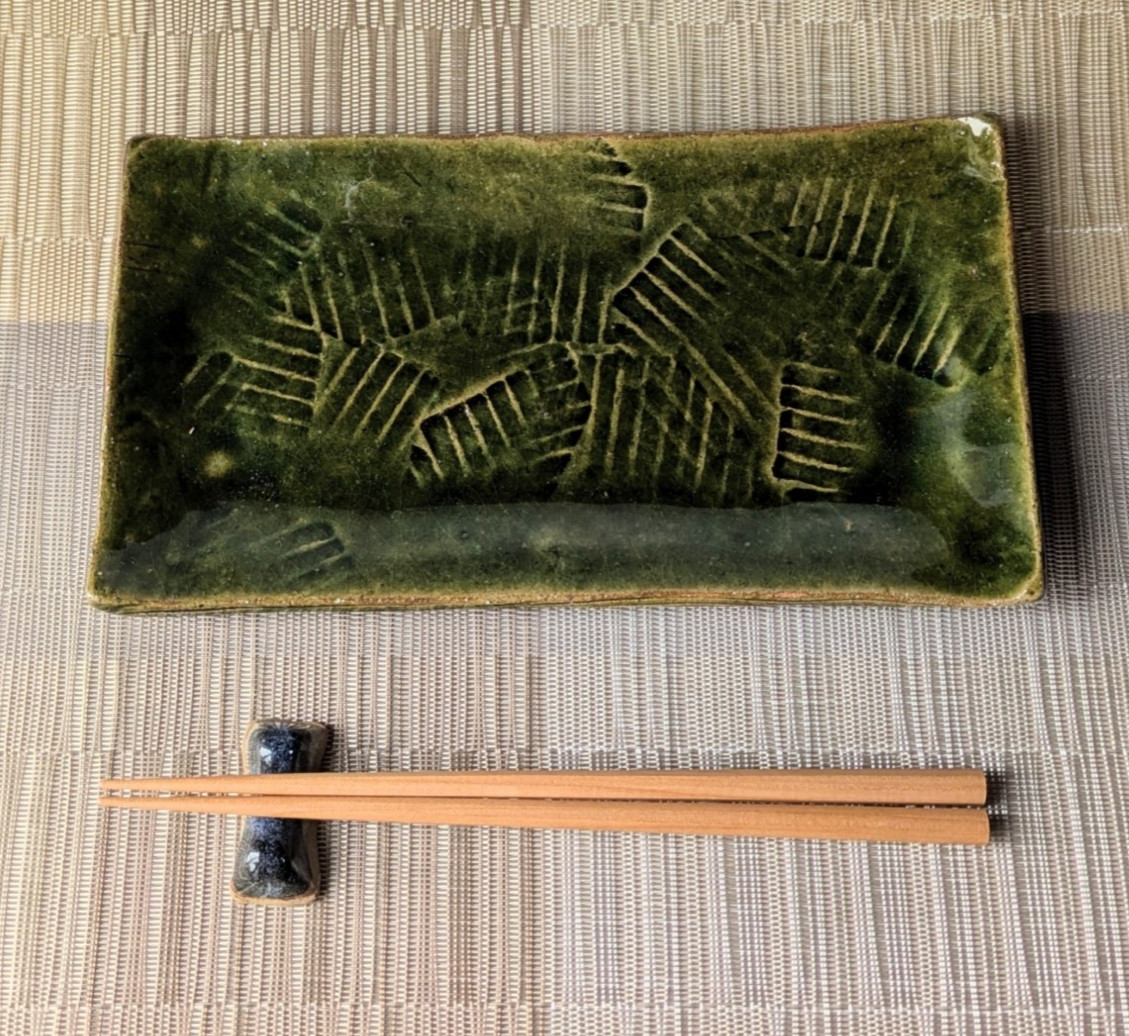 織部釉長方皿　【手仕事　民藝　和　陶器】