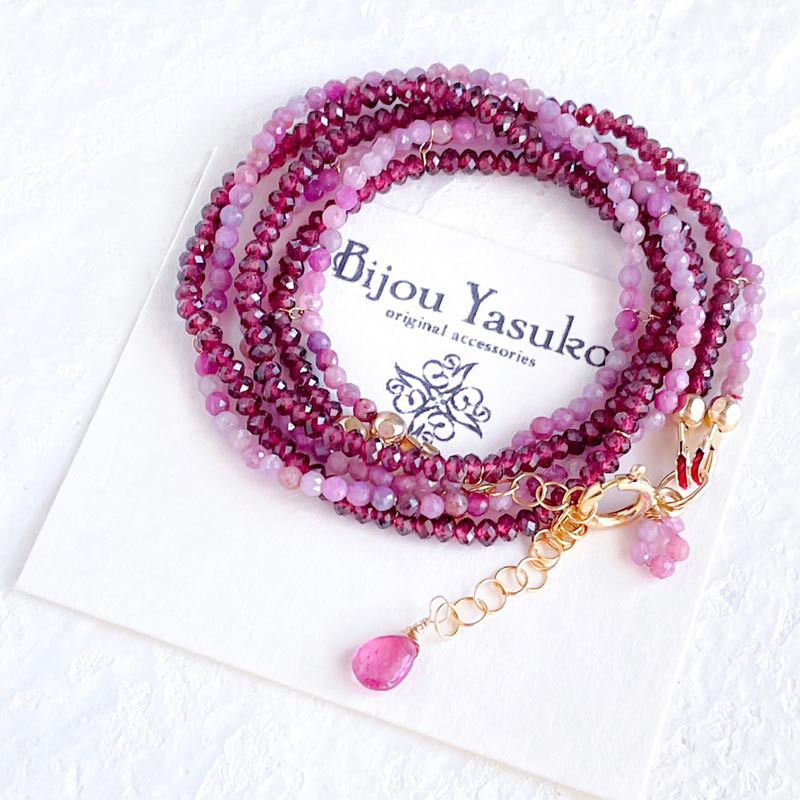 ピンク サファイア ブレスレット 天然石  ガーネット ビーズ ブレスレット 軽い 6連 14KGF ゴールド