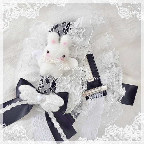 ♡3点No.2 天使のうさぎさん付き 編み上げリボンヘッドドレス white ♡ ♡ No.2 天使のうさぎさん付き オーガンジー編み上げリボンヘッド
