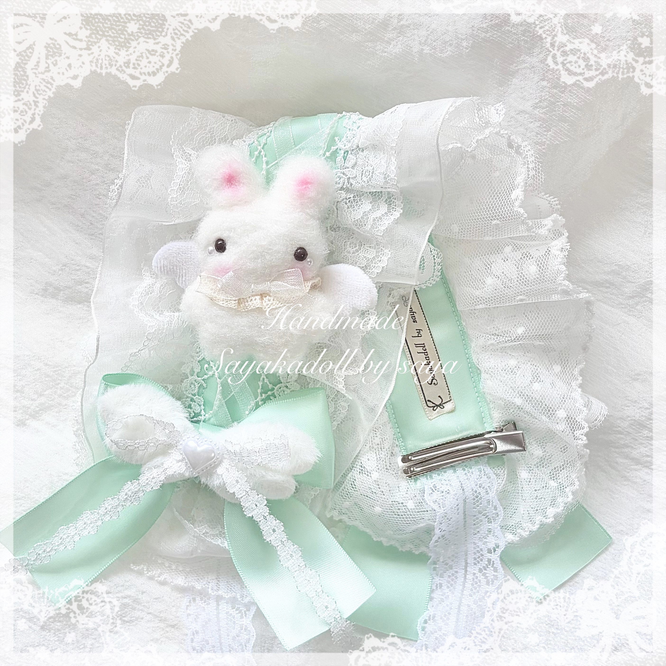 ♡ No.2 天使のうさぎさん付き オーガンジー編み上げリボンヘッドドレス mint ♡