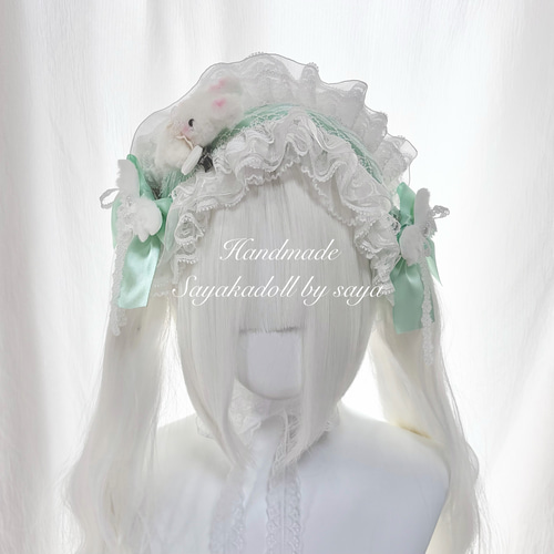 ♡ No.2 天使のうさぎさん付き オーガンジー編み上げリボンヘッド