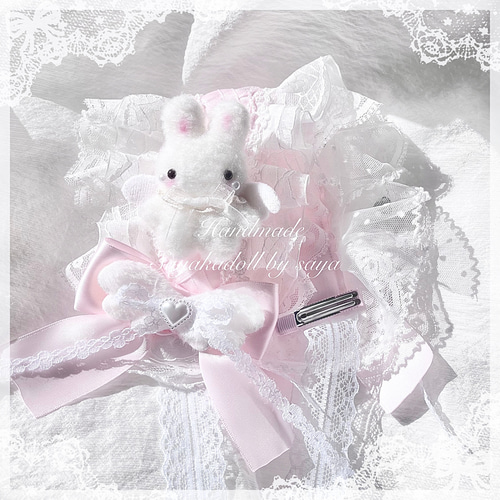 ♡3点No.2 天使のうさぎさん付き 編み上げリボンヘッドドレス white ♡ ♡ No.2 天使のうさぎさん付き オーガンジー編み上げリボンヘッド