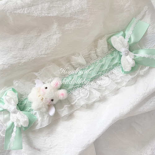 ♡ No.2 天使のうさぎさん付き オーガンジー編み上げリボンヘッド