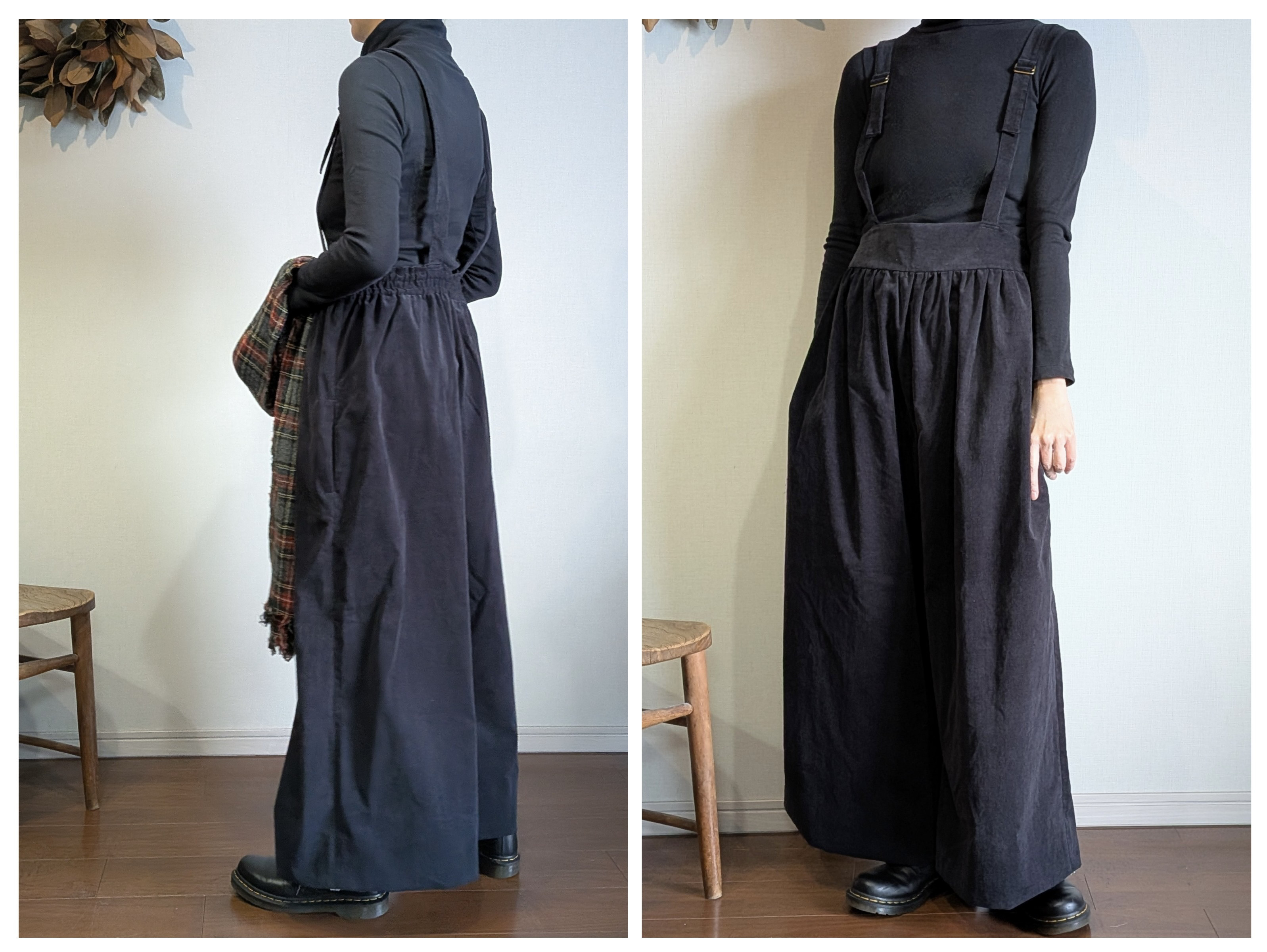 コーデュロイ ギャザーサロペットパンツ_チャコールネイビー