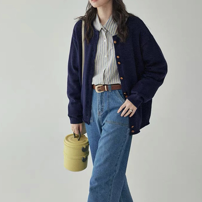 ＜受注製作＞春秋   冬    カーディガン    ニット   ネイビー