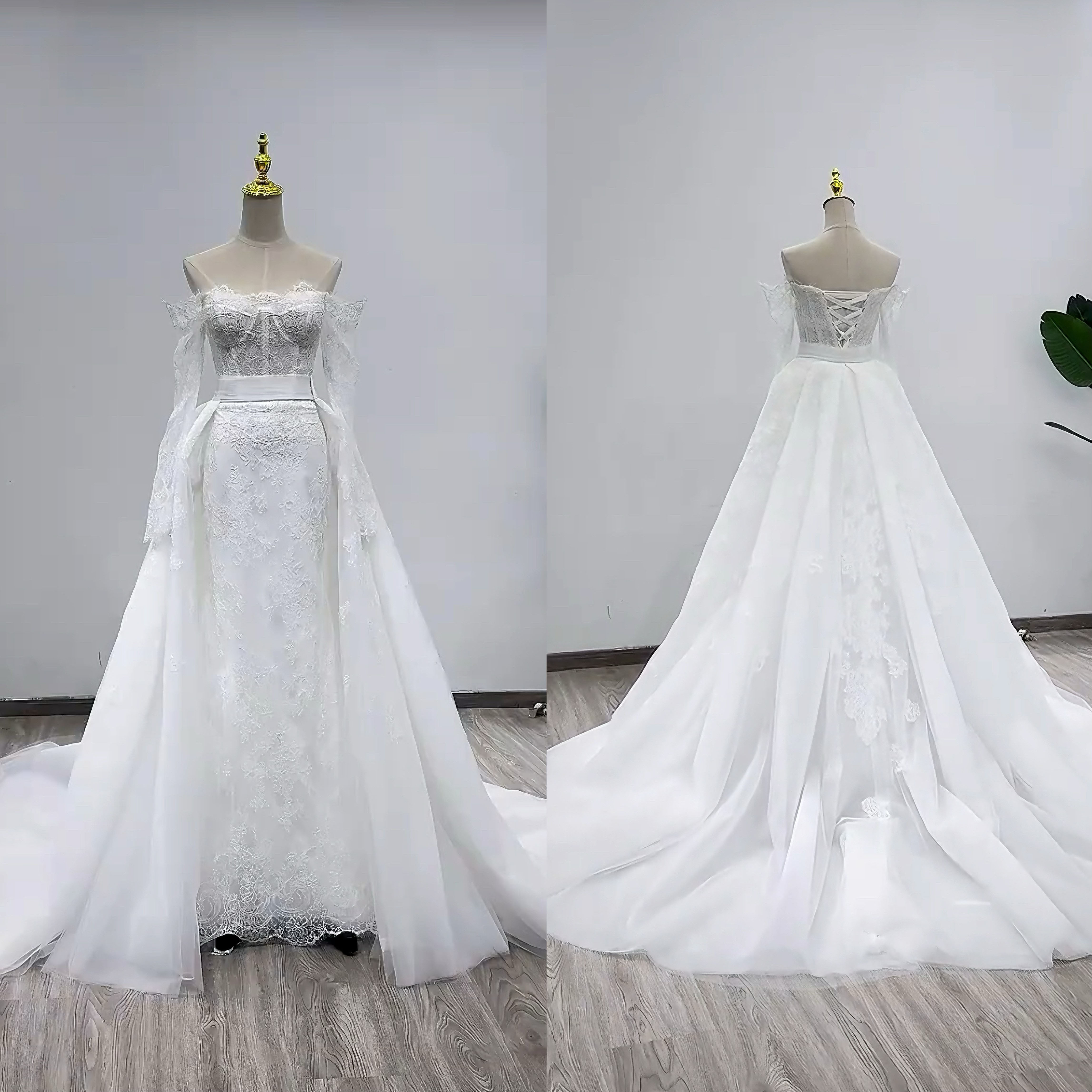 上品　オフショルダー　長袖　シースルーお袖　タイトスカート　オーバースカート　編みあげ　小花刺繍　結婚式ブライダル披露宴