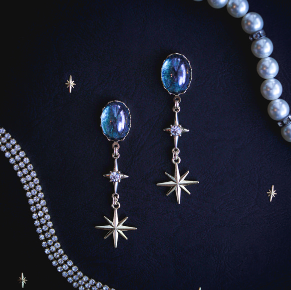 「 Stella 」イヤリング/ピアス *チェコガラス・オーバル・チャーム・ビジュー・星・星光・青・ブルー・透明* 1枚目の画像