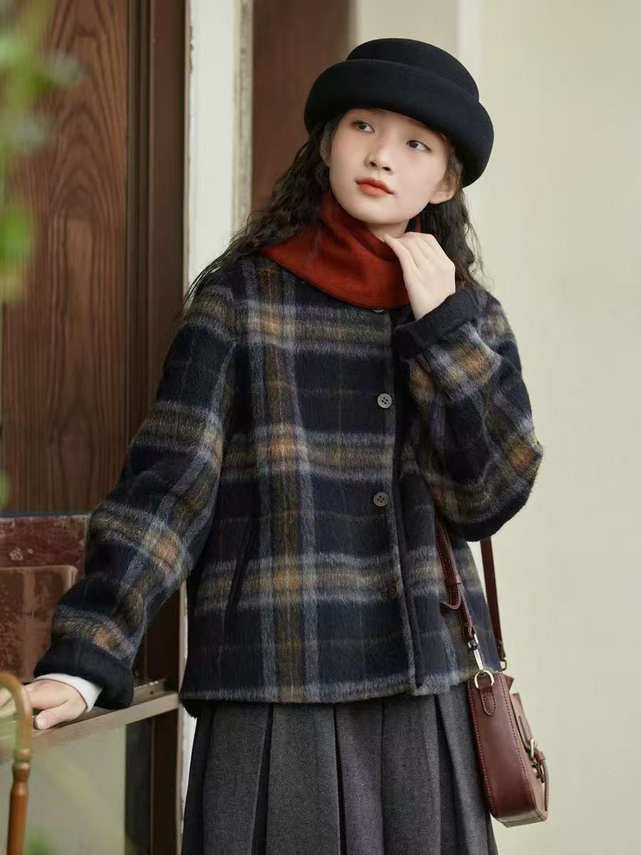 ウール65%　レトロ　カラーなし　チェック柄