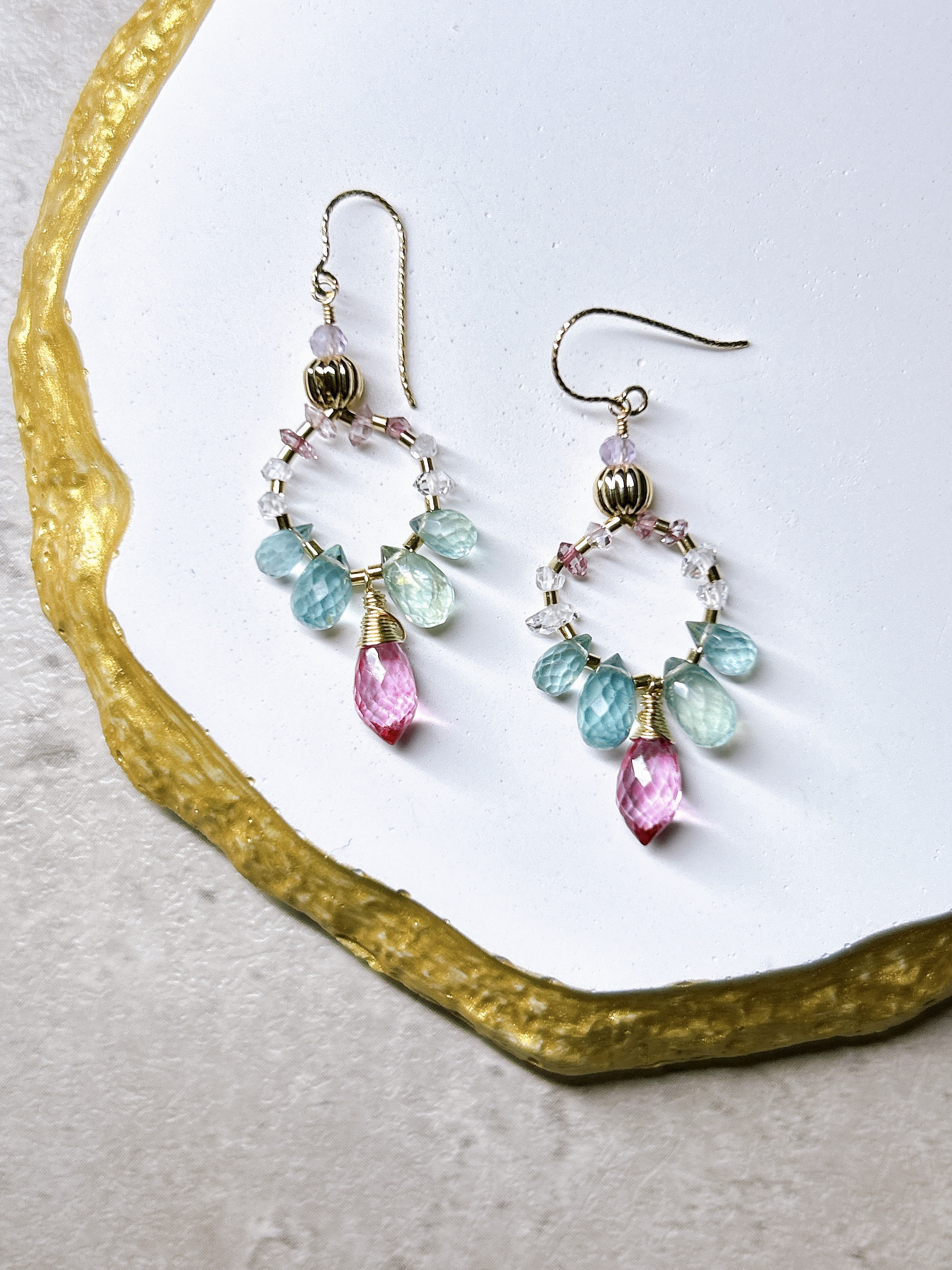 一点物14kgf☆宝石質AAA+！極上マイクロカットのピンクトパーズとハーキマーダイヤ＆グリーンフローライトのピアス