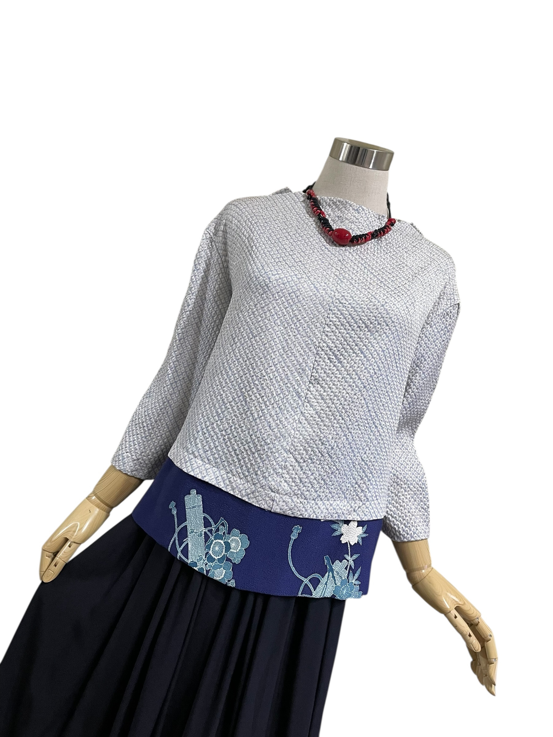 送料無料 着物 リメイク 総絞り 縮緬 切替 プルオーバー フリーサイズ ハンドメイド