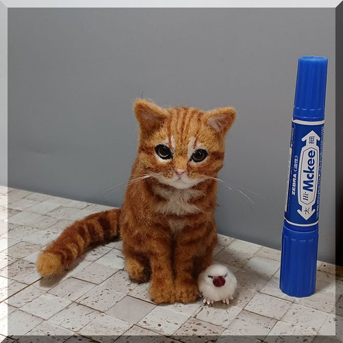 羊毛フェルト 猫 茶トラ猫さん と 文鳥さん ねこ ネコ 猫フィギュア