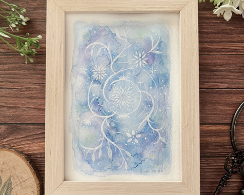 水彩画 アクリル画 アート 原画 『波紋に咲く花』 〈額フレーム付き