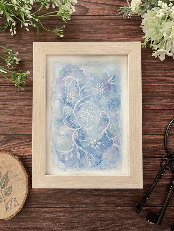 水面の波紋-水彩画-額縁付き 水彩画 アクリル画 アート 原画 『波紋に咲く花』 〈額フレーム付き