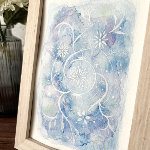 水面の波紋-水彩画-額縁付き 水彩画 アクリル画 アート 原画 『波紋に咲く花』 〈額フレーム付き