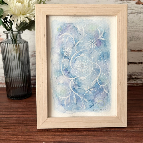 水彩画 アクリル画 アート 原画 『波紋に咲く花』 〈額フレーム付き
