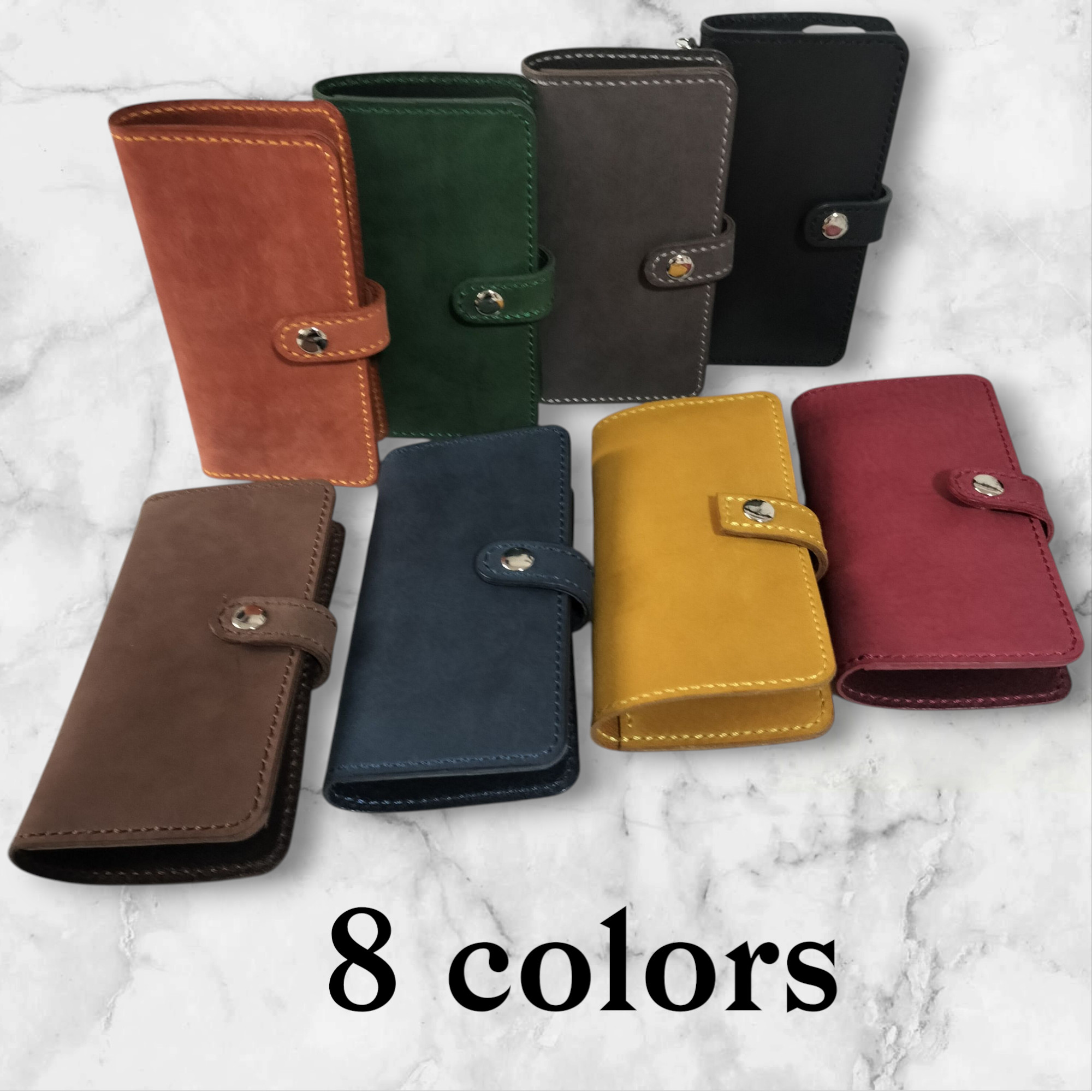 本革全機種対応スマホケース手帳型　選べる8カラー　スタイリッシュ姫路レザー　収納たっぷり　ストラップ加工無料