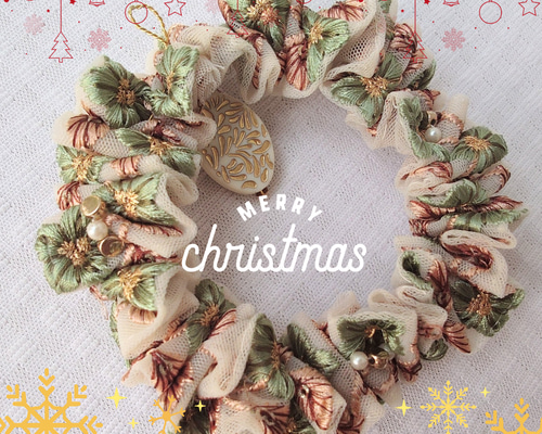 クリスマスミニリース インド刺繍リボン くすみグリーン クリスマス