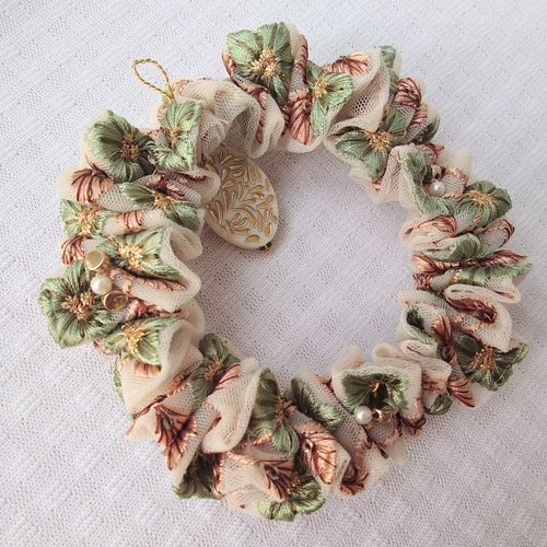 クリスマスミニリース インド刺繍リボン くすみグリーン クリスマス