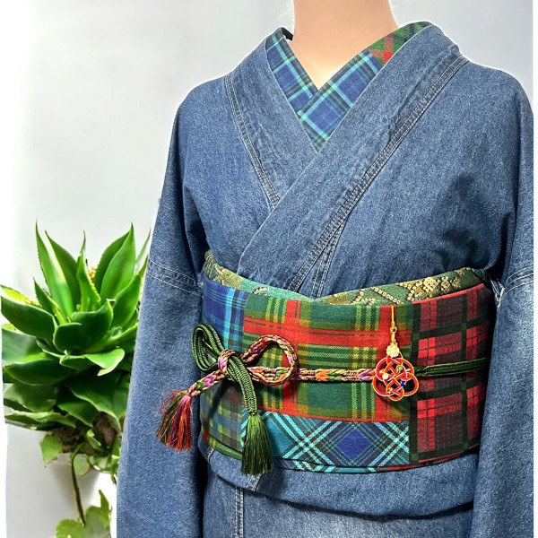 チェックパッチワーク風名古屋帯・クリスマスにも普段着物にもオッケー 16,644円