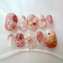 成人式ネイル 振袖ネイル 卒業式 和風 花柄 マグネットジェル ピンク