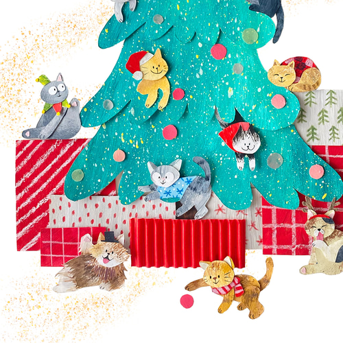 新作＞ 猫たちの楽しいクリスマスツリー A4 ポスター 送料無料 絵画