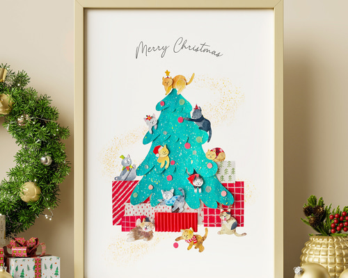 新作＞ 猫たちの楽しいクリスマスツリー A4 ポスター 送料無料 絵画