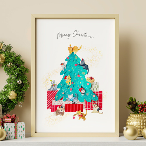 新作＞ 猫たちの楽しいクリスマスツリー A4 ポスター 送料無料 絵画