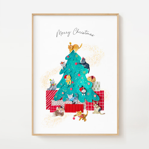 新作＞ 猫たちの楽しいクリスマスツリー A4 ポスター 送料無料 絵画