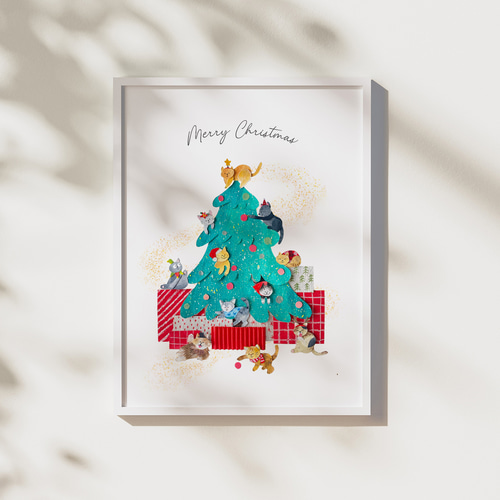 クリスマスB0サイズ◆送料無料◆インテリアポスター 新作＞ 猫たちの楽しいクリスマスツリー A4 ポスター 送料無料 絵画