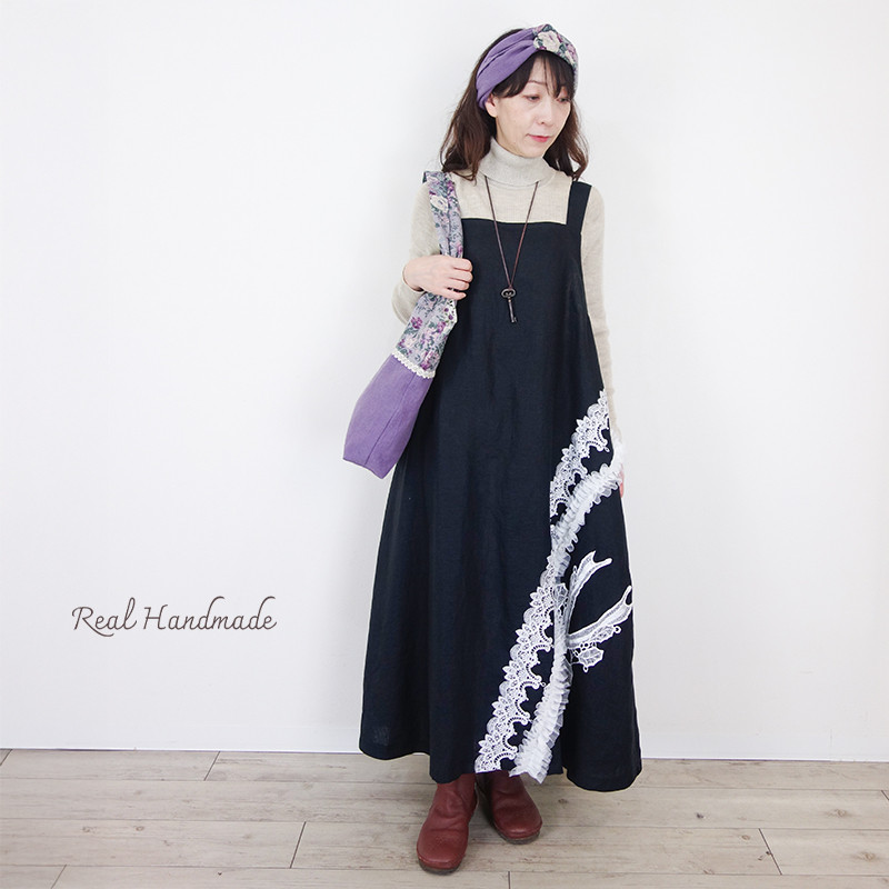 [予約販売] レースラインと黒の静寂・ブラックリネン マキシキャミワンピース〈Coco esprit〉