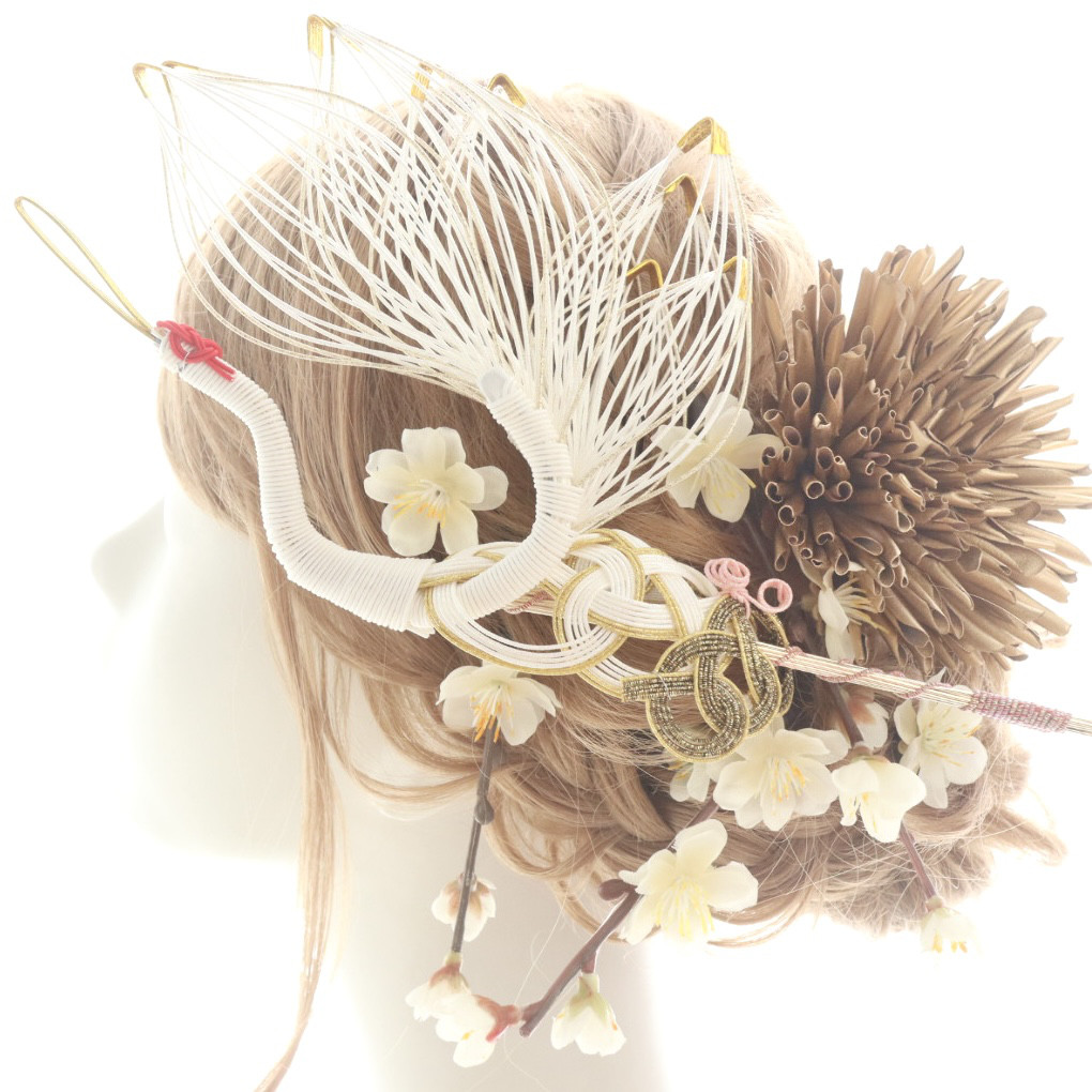 祝い鶴の水引の髪飾り＊紅白梅と金の菊が舞う祝福のヘッドドレス