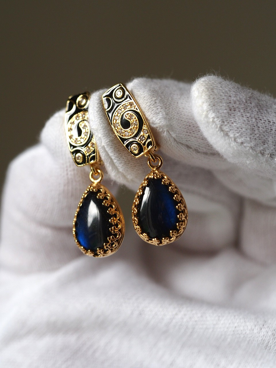 ブラックラブラドライト14  ティアドロップ　All K14gf製クラッシックフープピアス