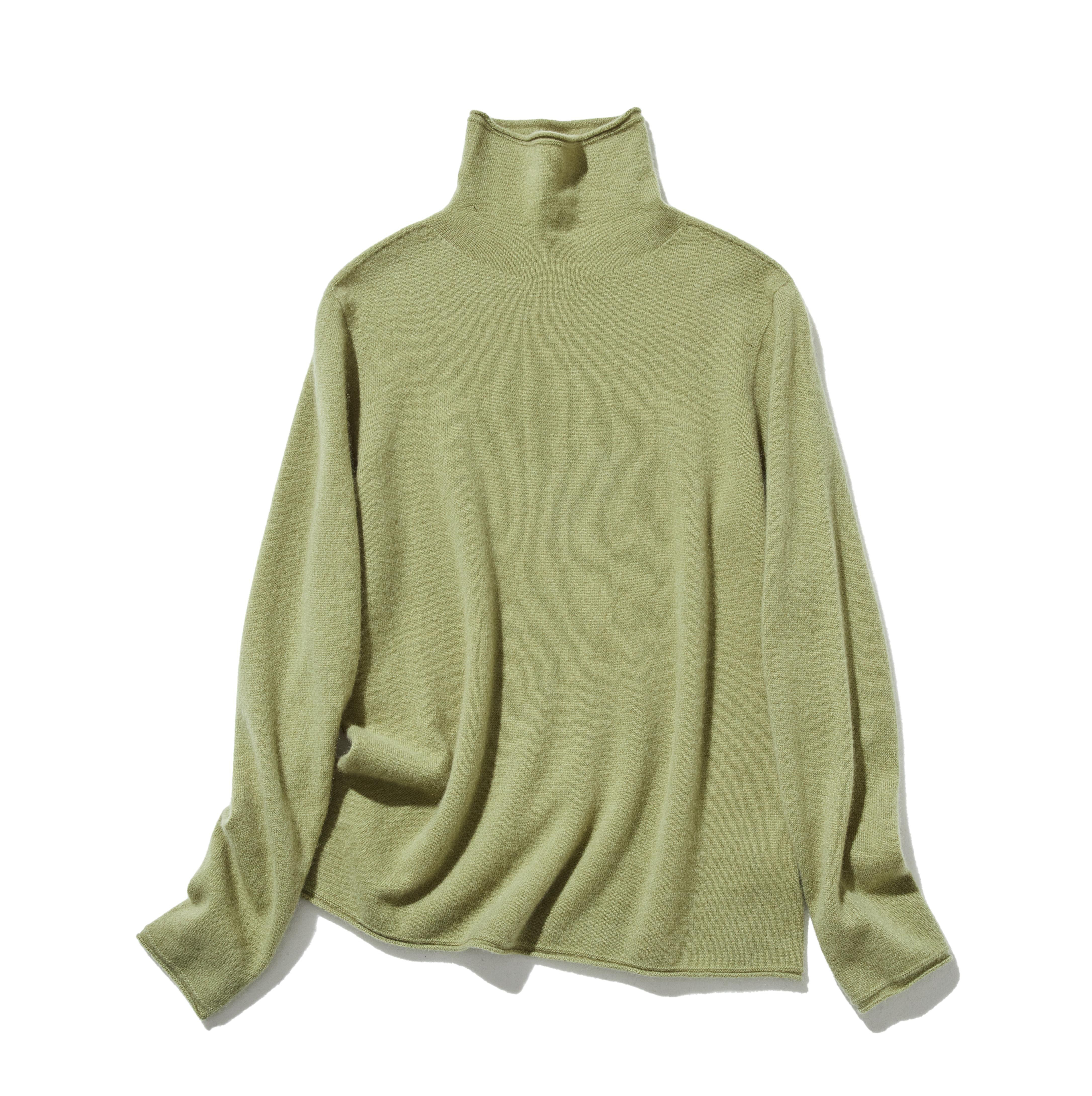 ★即納★やわらかい繊維から生まれる最高の心地良さ　カシミヤ100％　ハイネック ニット　黄緑色　231109-8