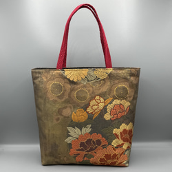 中央折ジワ】着物 帯 リメイク ハンドメイド トートバッグ 赤 梅