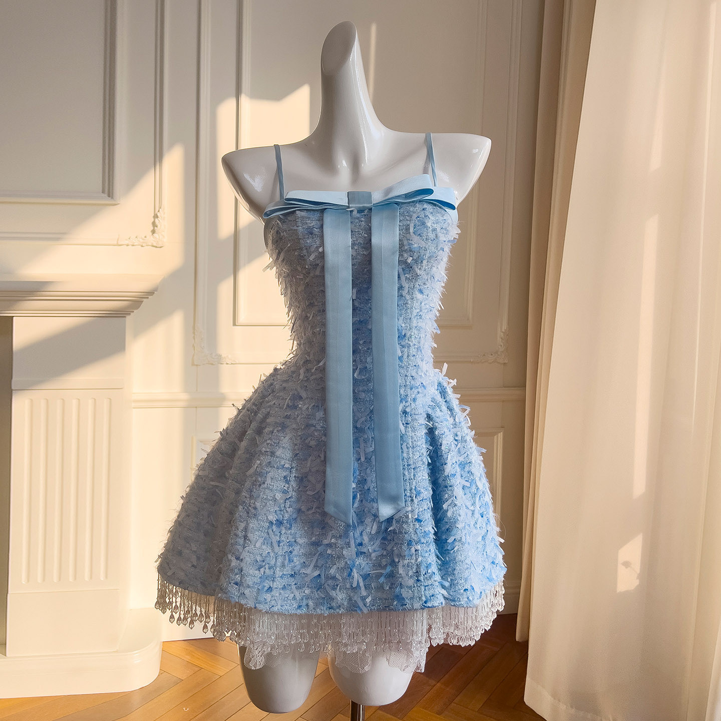 ツイードドレス リボン フリンジ ウェディングドレス パーティー 青 ショート丈 キャミソール韓国風 二次会 69468