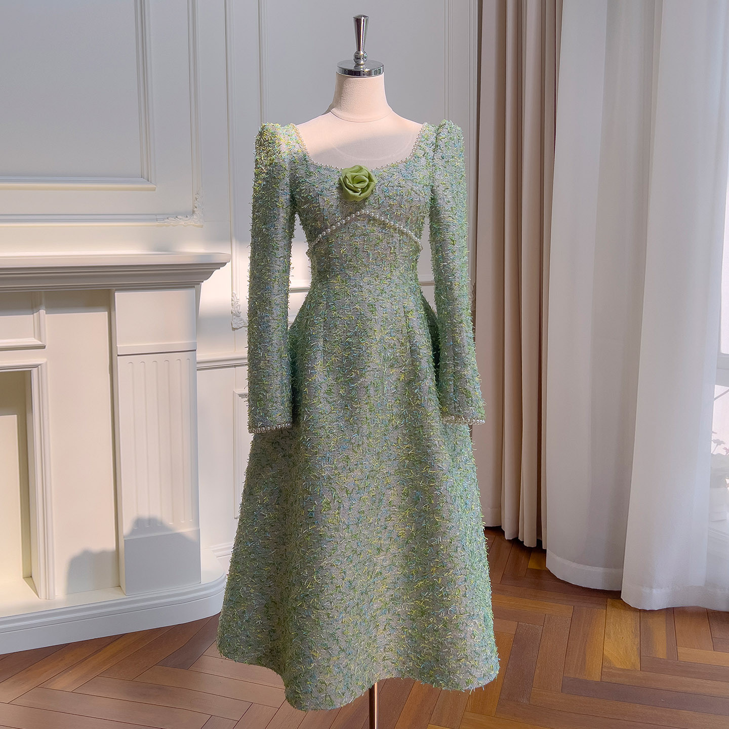 秋冬 ツイードドレス 長袖 ウェディングドレス パーティー 緑 ロング プリンセス 綺麗 韓国風 二次会 69480