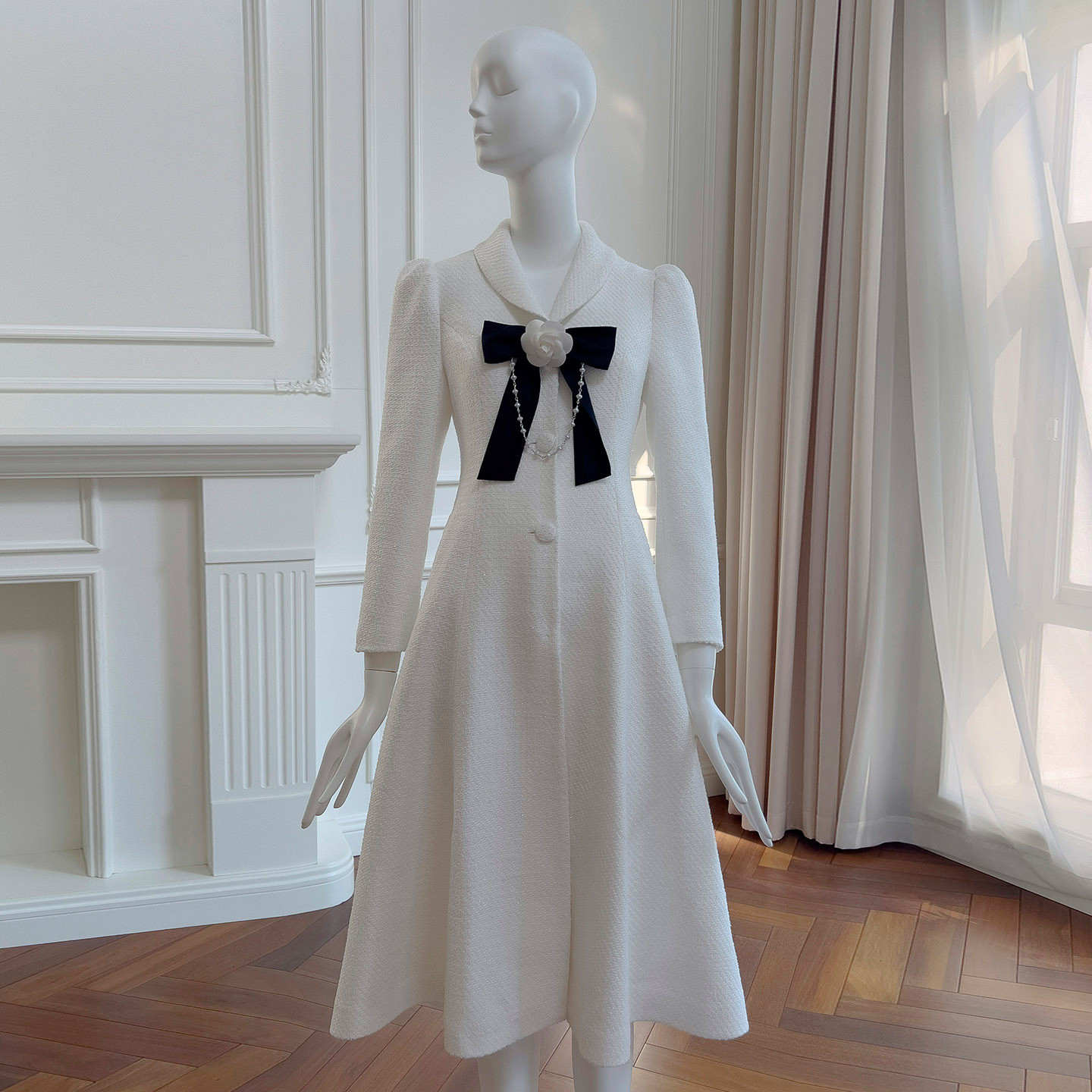 秋冬 ツイードジャケット 白 長袖 ウェディングドレス 取り外しリボン ロングアウター 上品 韓国風 二次会 91621