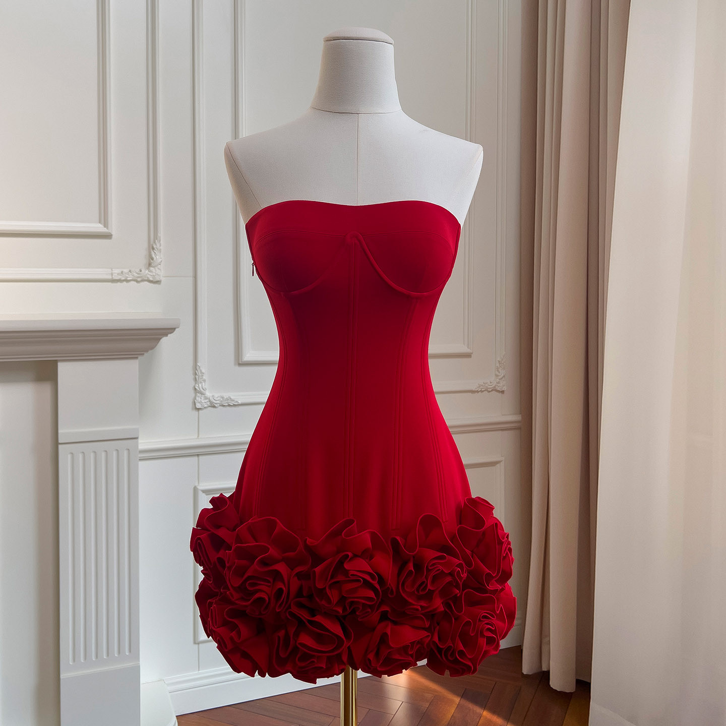 ノースリーブ 赤 立体花 ウェディングドレス パーティー 可愛い ショート丈 韓国風 二次会 69433