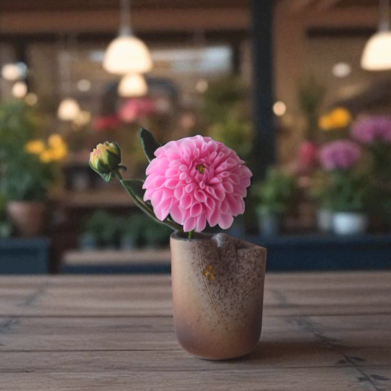 ◆粘土のお花◆　ダリア　ピンク【花瓶　信楽焼】　D1321