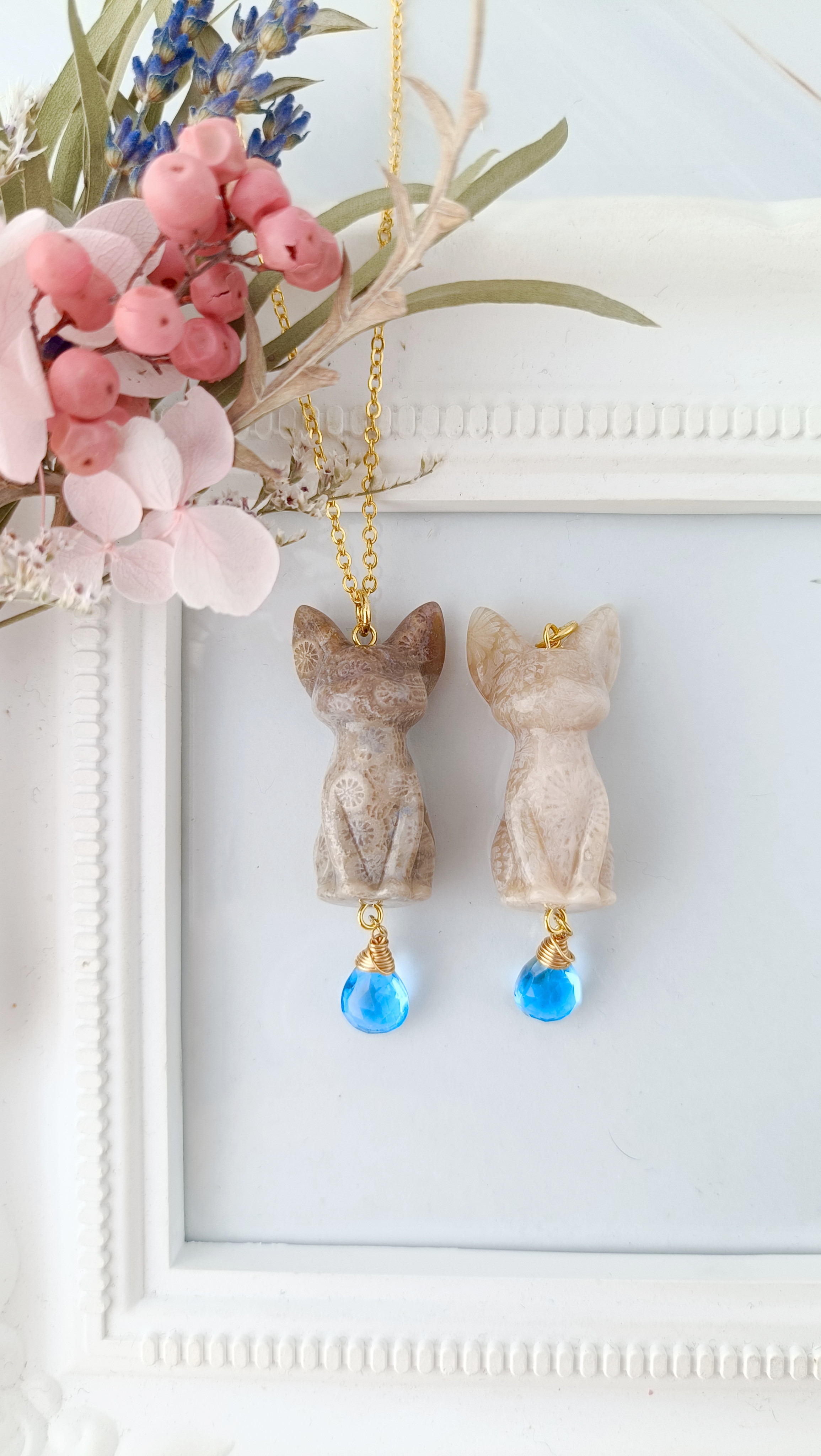 【超超超希少】フォッシルコーラル　猫ちゃん　スイスブルートパーズ　ネックレス