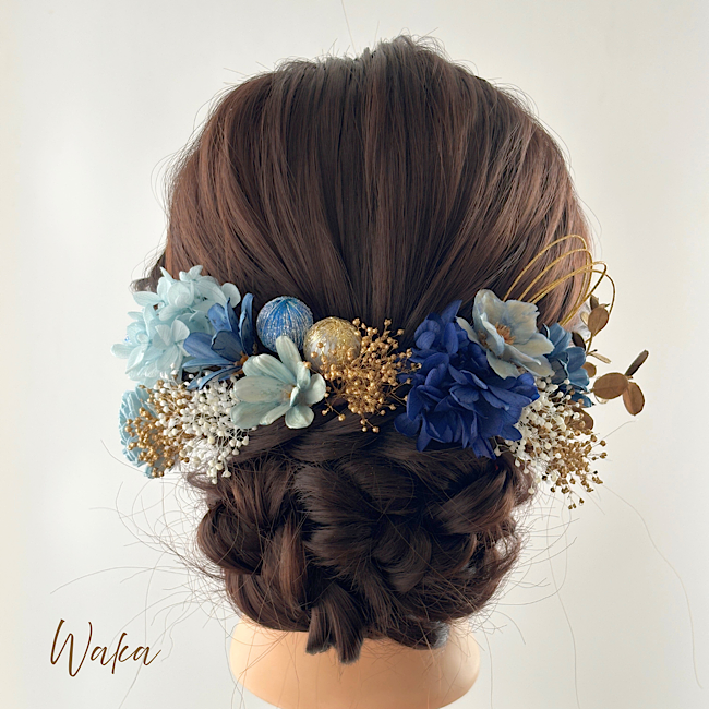 卒業式 髪飾り/ブルー×ゴールド アネモネ ドライフラワー 袴 振袖/M6-BL
