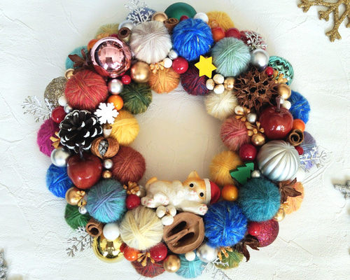 【販売済】毛糸玉リース★クリスマス カラフルでにっこり☆毛糸玉のクリスマスリース（中） ニットリース