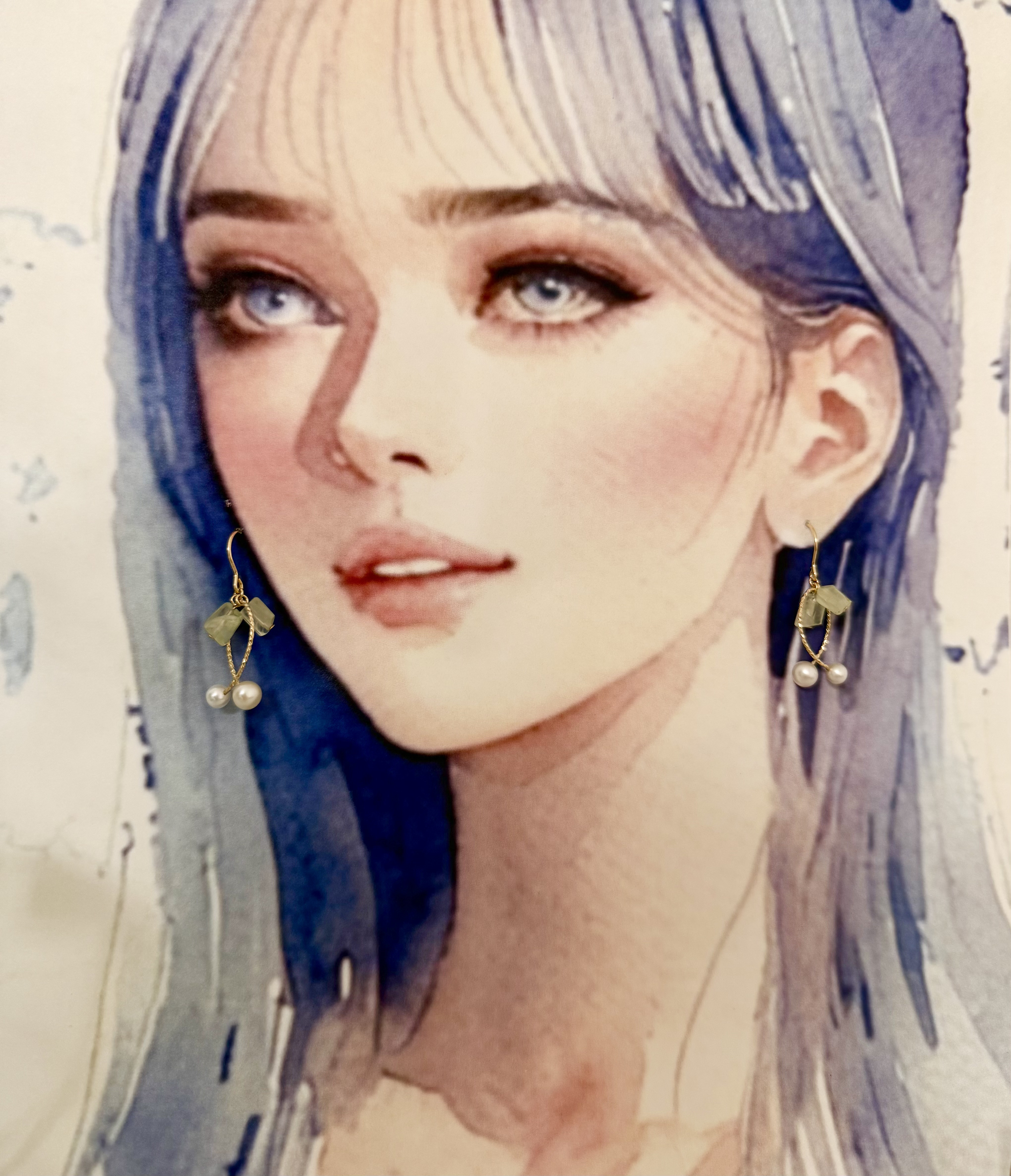 14kgf  真珠のさくらんぼピアス　プレナイトの葉