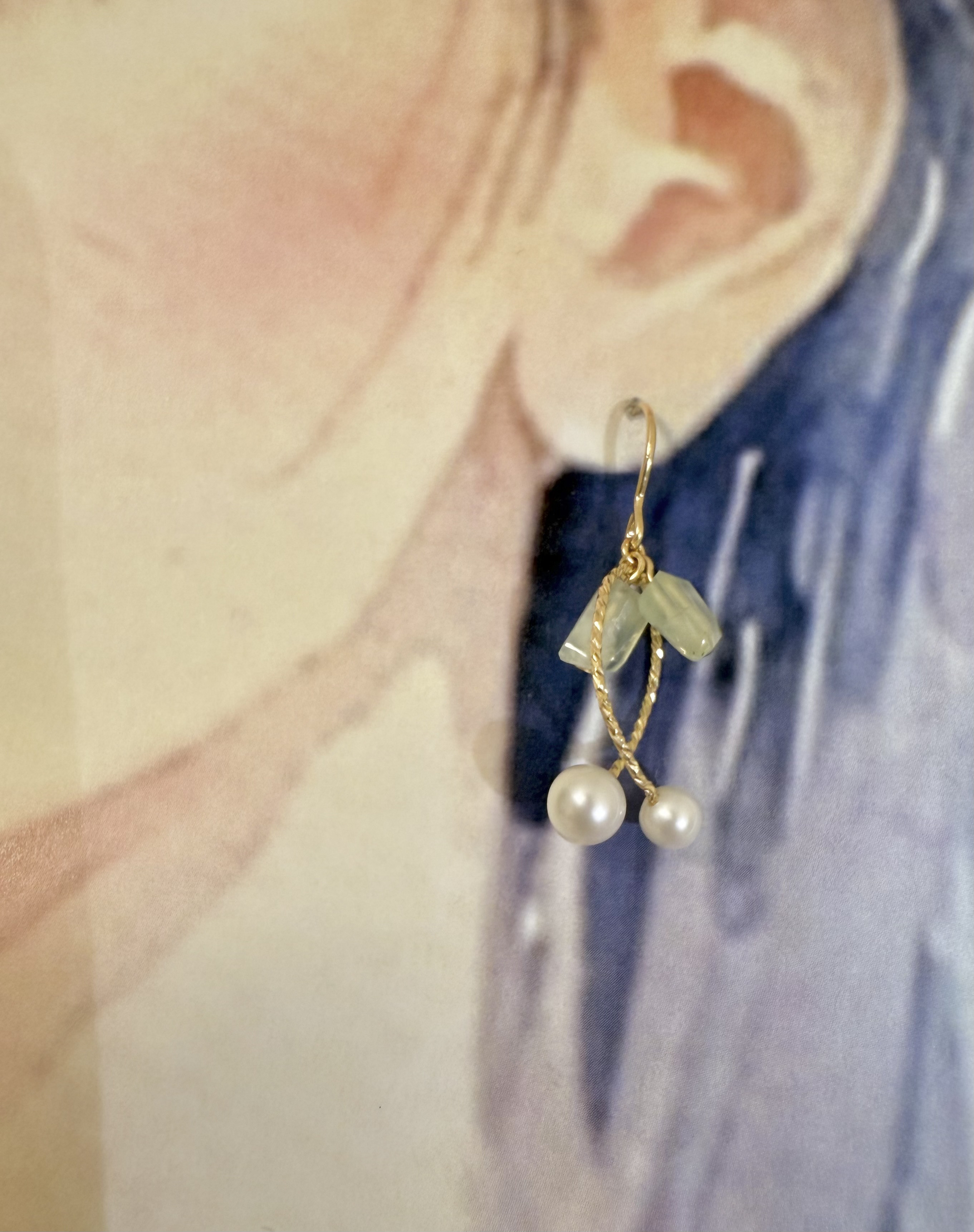 14kgf  真珠のさくらんぼピアス　プレナイトの葉